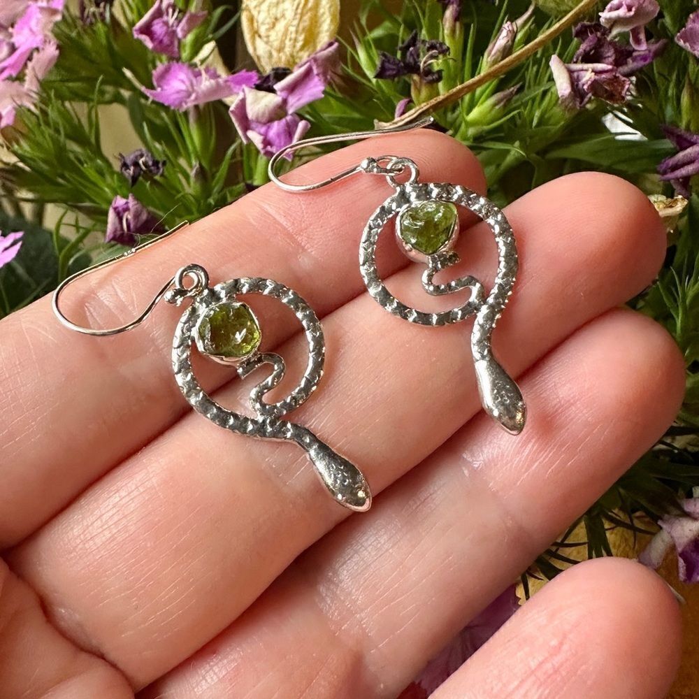 Snake Natural Peridot Rough Sterling Silver Earrings